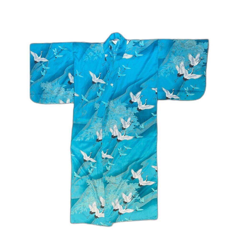 Vintage Kimono Crane Print Turquoise Robe Dressing Duster Gown Japanese Japan